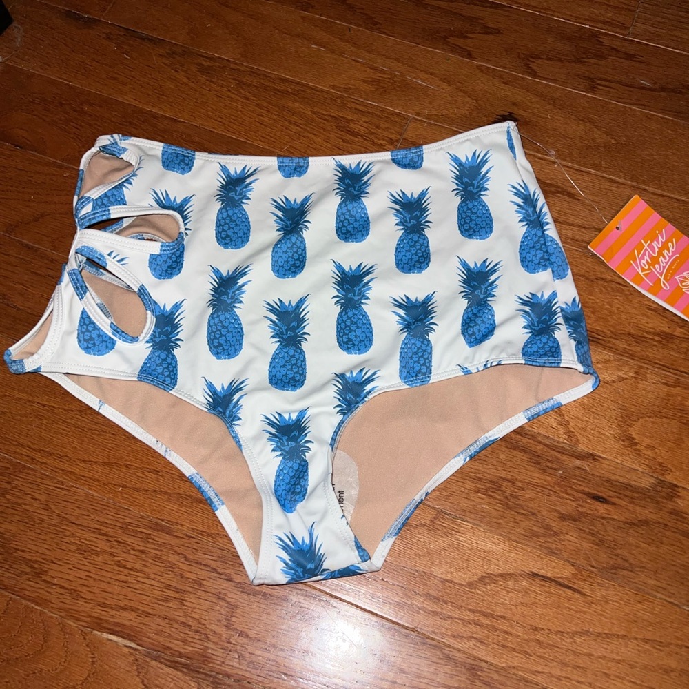 Kortni Jeane Blue Pineapple Floral Cutout High-Waisted Swim Bottoms